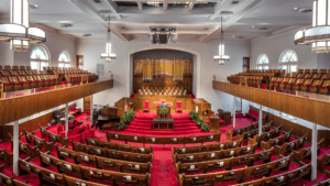 Interior photo of the 16th Street Baptist church taken from the second story of the nave