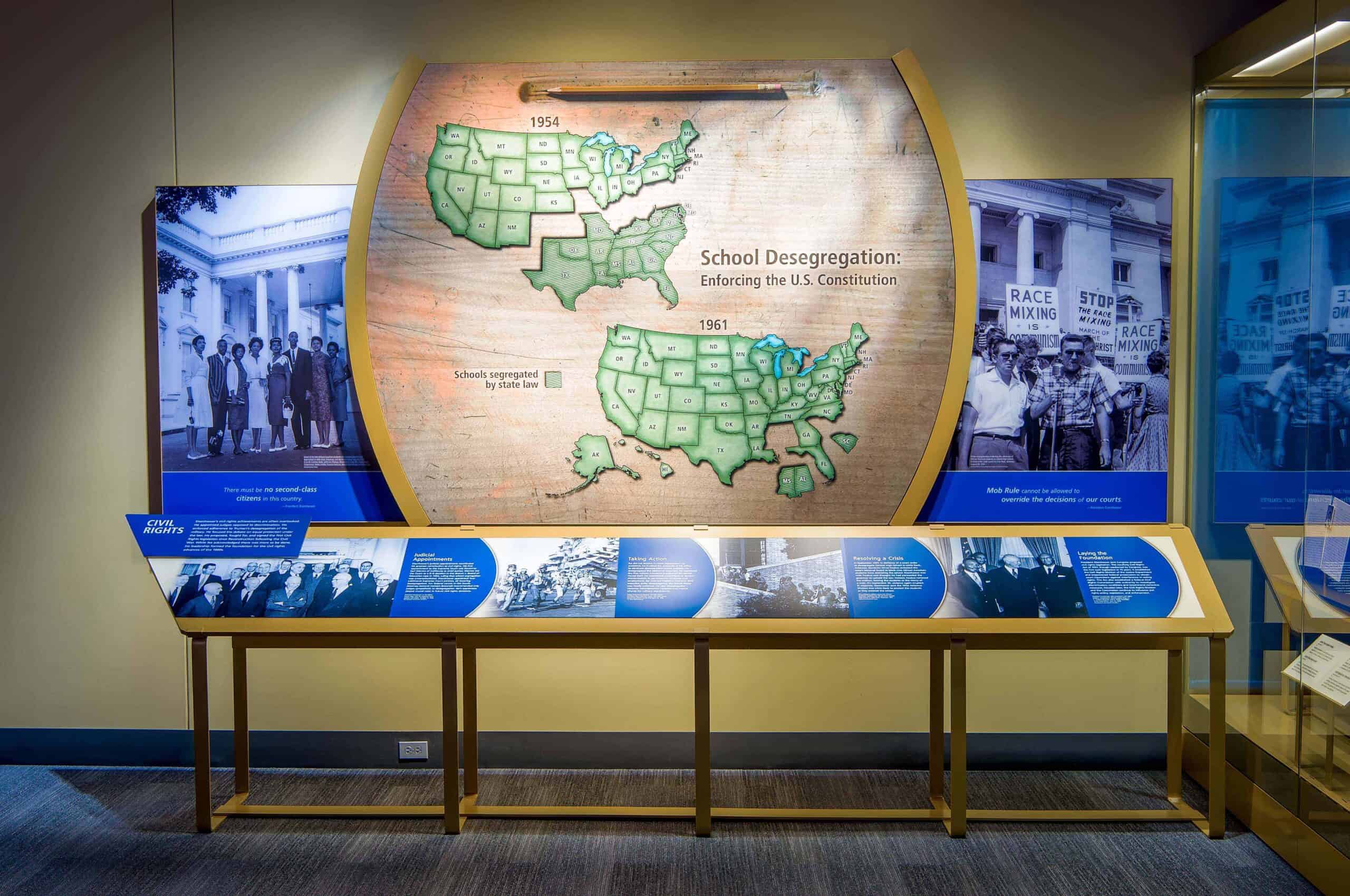 Image of display at Dwight D. Eisenhower Presidential Library, Museum & Boyhood discussing School Desegregation